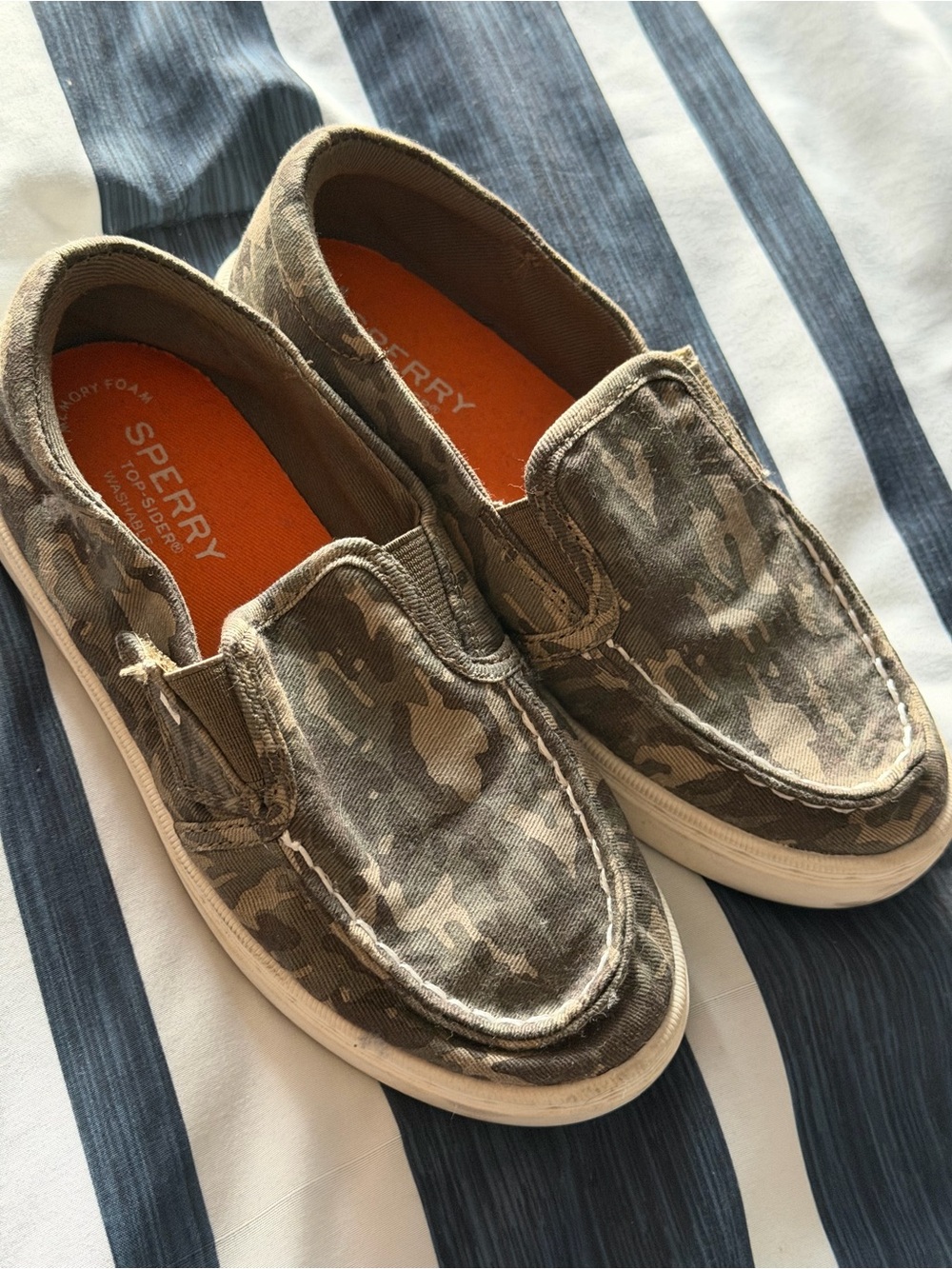 Sperry Olive Camo Slip-On Loafers with Orange Insole
